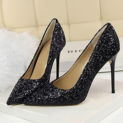 Sequined Stiletto Heels Women's Closed Pointed Toe Pumps Slip-on Sexy Fashion Wedding Dress Shoes Black 9 US | Image 2