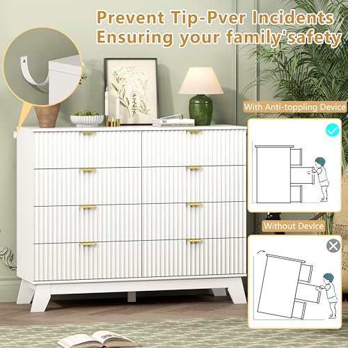 Image of Wodeer 8 Drawer Fluted Dresser for Bedroom, Mid Century Modern Dresser with 8 Drawers, Dressers & Chests of Drawers with Metal Handle, TV Stand & Storage Organizer for Entryway, Hallway, White
