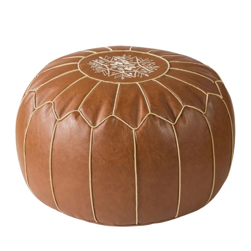 CTRLZS Boho Decor-Bohemian Living Room Leather Round Pouf Cover-Handmade Moroccan Ottoman Footstool, Unstuffed Footrest