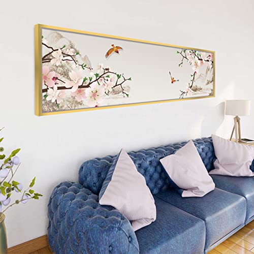 Image of Cherry Blossom Bird Large Canvas Painting Framed Panel Wall Painting, Modern Luxury Paintings for Home Decoration, Living room, Bedroom and Office Decor - Pink, 13x47 Inch