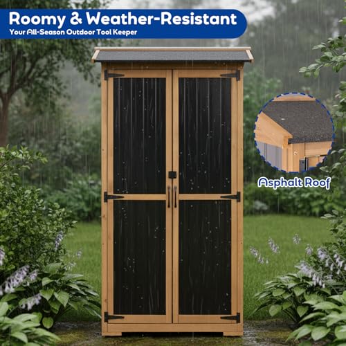 Image of Storage Cabinet Outdoor Garage Cabinets with 3 Adjustable Shelves, Lockable Door, Wood & Metal Weather-Resistant Pantry Cabinet for Patio Garden Home Farm (33.3 inch Lx 21 inch Wx 69 inch H)