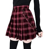 chouyatou Women's Cool Sweet A-Line Decorative Strap Plaid Pleated Mini Skirt (Large, Red)
