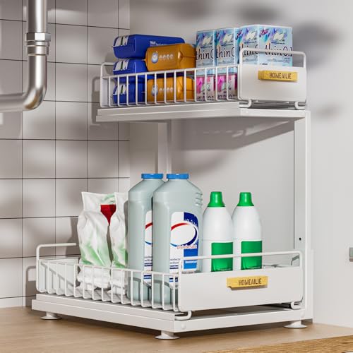 HOMEAILIE Under Sink Organizer, High Adjustable 2 Tier Under Kitchen Sink Organizer, Multi-Purpose Storage Shelf for Kitchen Bathroom Cabinet, White