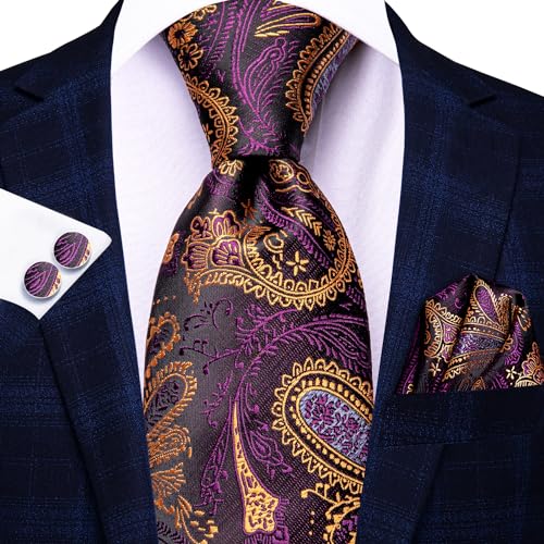 Image of Hi-Tie 3 Pcs Gift Box Mens Tie Set Necktie with Pocket Square Cufflinks Lapel Pin Silk Neck Tie Collection