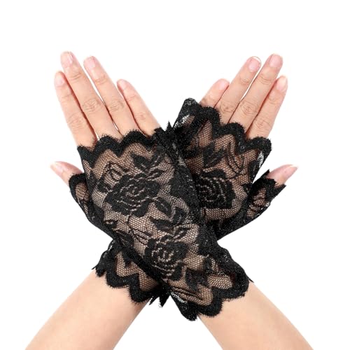 Yolev Fingerlose Spitzenhandschuhe Handschuhe Damen Kurz Spitzenhandschuhe Schwarz Opernhandschuhe Elegant für Halloween Karneval Teepartys Abschlussbälle, Hochzeiten, Abendessen Cosplay