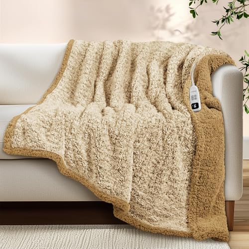Heated Blanket Electric Blanket Twin - Fast Heating Blanket Throw Double Sided Sherpa Ultra Soft Cozy with 10 Heating Levels & 2-10 Hours Auto Off, Mashine Washable, 62 x 84 Inches, Camel