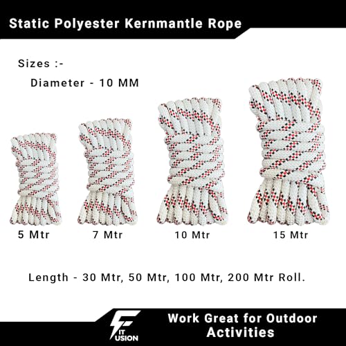 Image of Fit Fusion Climbing Rope, 10MM Static Hiking, Rescue and Parachute, Rappelling Rope, Mountaineering, 32 Strands Strong Rope, Breaking Resistance - 23 KN, Maximum Impact Force - 17.5 KN (15 M)