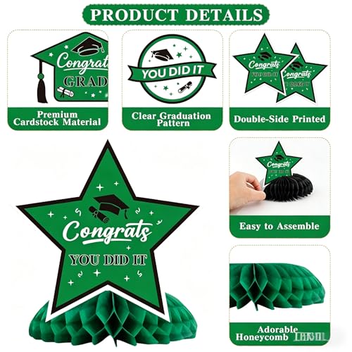 Image of Graduation Party Decorations Class of 2026, 10PCS Graduation Centerpieces for Table, Congrats Grad Table Centerpiece Congratulate Graduation Honeycomb Table Toppers for Graduation Party Supplies Green