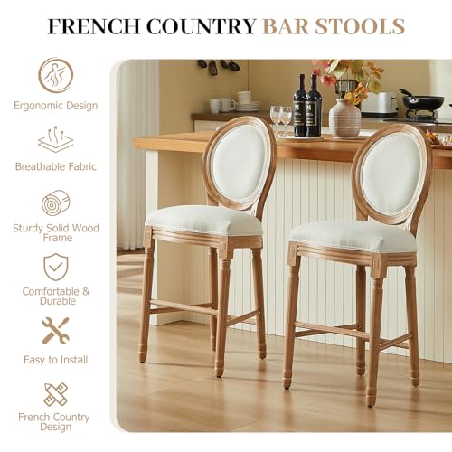 Image of Virabit Counter Height Bar Stools Set of 2, French Country Bar Stool with Solid Wood Frame and Upholstered Seating, Vintage Bar Chair