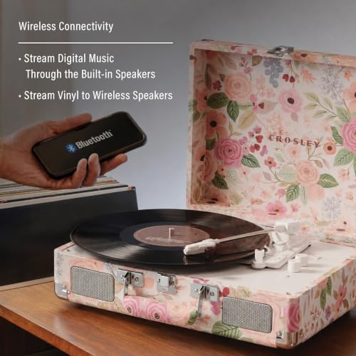 Image of Crosley CR8005F-PFG Cruiser Plus Record Player, Pink Flower Garden | 3-Speed Turntable, Bluetooth In / Out, Built-in Stereo Speakers, Isolated Internal Speakers Minimize Vibration