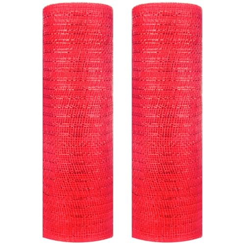 Decor Mesh Poly Ribbons 10 Inch x 30 Feet Each Roll Metallic Foil Mesh Ribbon Christmas Tree Decorative Mesh Red and White Rolls for Xmas Wreaths (Red+Red Foil)