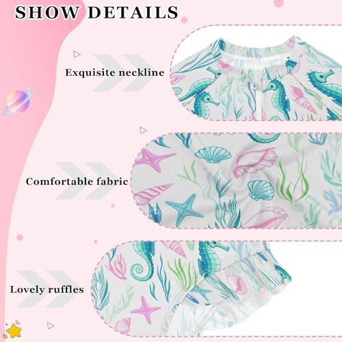 Cute Seahorse Girls Long Sleeve Rashguard Swimsuit UV Protection One-Piece Swimwear Bathing Suit B04046454