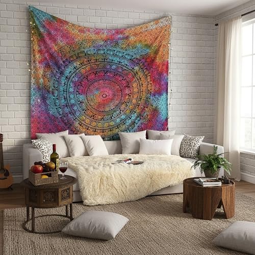Image of Craft Trade 54x84 Inches Psychedelic Multi Cotton Mandala Ombre Wall Hanging Tapestry