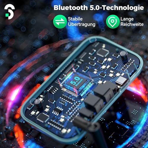 3-in-1 Bluetooth 5.0 Sender Empfänger für 2 Kopfhörer, SOOMFON Bluetooth Adapter Audio für TV PC Stereoanlage, Low Latency BT Transmitter Receiver mit Lautstärkeregelung, Aux/RCA/Optisch