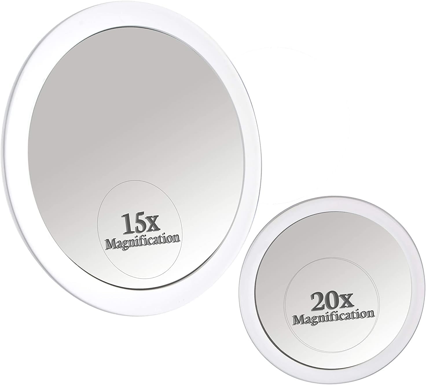 20X & 15X Magnifying Mirror Combo Set with 3 Stick On Suction Cups For Makeup and Tweezing Eyebrows - Compact Handheld Design & Travel Ready - Extremely Strong X20 Zoom - 15cm & Small 10cm Diameter