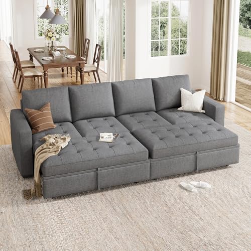 Image of HONBAY Modular Sectional Sleeper Sofa with Pull Out Bed, Linen Convertible Sectional Couches for Living Room,Grey