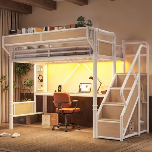 Image of Bellemave Twin XL loft Bed with Storage Stairs, Wardrobe, Shelves, Metal Twin XL Loft Bed Frame for Adults, Kids, Teens, White+Natural Wood with Stairs