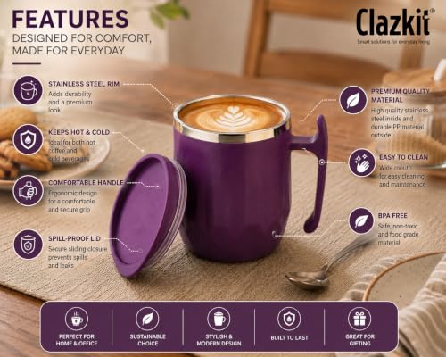 Image of Clazkit Travel Leak Proof Coffee Mug | Stainless Steel Coffee Tumbler | Spill-Proof Lid | Hot & Cold Vacuum Mug for Office, Travel & Car-300ml - Purple