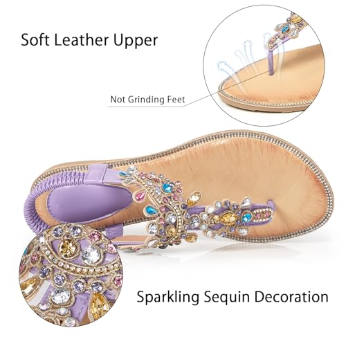 Image of iCKER Women Flat Thong Sandals Rhinestone Sparkly Boho Elastic Ankle Strap | Non‑slip,Matches Summer Dresses,for Vacation,Wedding,Evening and Festival