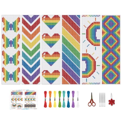 Image of BEUNITONE Cross Stitch Bookmark Kit 6 Pcs Rainbow DIY Bookmarks Cross Stitch Kits for Adults Beginners Love Heart Pre-Sorted Floss Cross-Stitch Stamped Embroidery Kit with Instruction 8''x2.4''