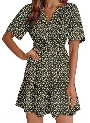 Image of Dokotoo Womens Summer Dresses 2026 Boho Floral Short Sleeve V Neck Smocked Waist Casual A-Line Swing Mini Dress Sundress