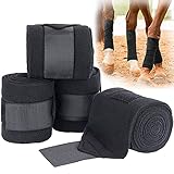 Maße und Qualität: Ein Set aus 4tlg., jeweils mit einer Länge von ca. 250cm und einer Breite von ca. 12cm. Diese Pferde-Beinbandagen sind aus bequemer und strapazierfähiger Schafswolle hergestellt. Zum Befestigen dienen robuste Klettverschlüsse, die eine hervorragende Reibung bietet, damit die Bandagen an den Beinen des Pferdes bleiben können.