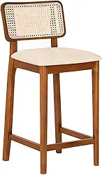 Banqueta Alta Madeira Maciça Com Encosto Curvado em Rattan Tecido Linho Bege Claro - Lilia