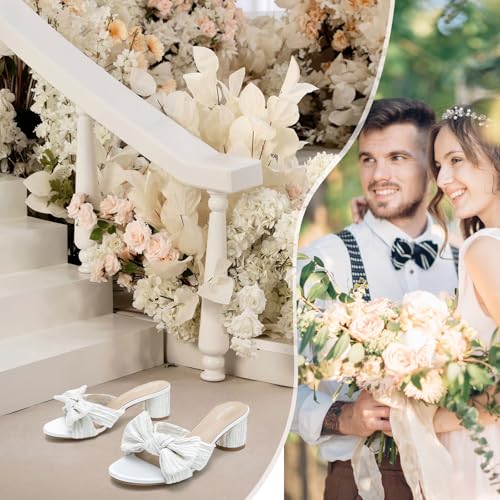 Heiyom Women's Bowknot Low Chunky Heels Mules Sandals Slip on Pleated Bow Heels Wedding Bridal Party Dress Shoes3