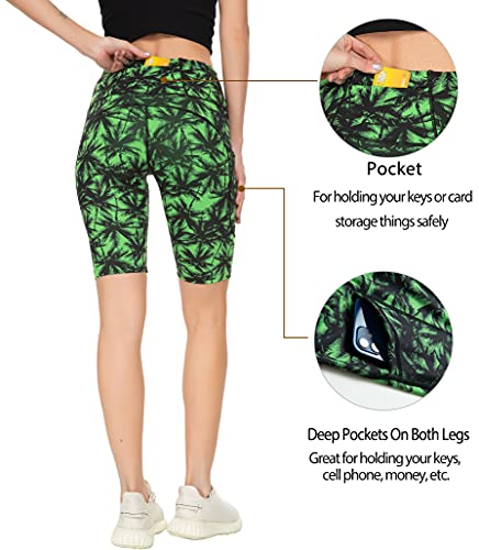 Workout Shorts for Women High Waisted, Running Yoga Athletic Cycling Sports Shorts 8\" with Pockets (Green Leaf Pattern, L)
