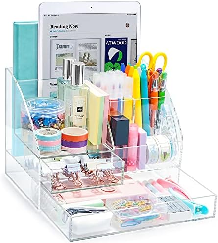 ARCOBIS Acrylic Desk Organizer with 2 Drawers, Clear Office Desktop Accessories Stationery Pen Organizer for Desk, Features 5 Compartments + 2 Sliding Drawer