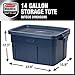 Rubbermaid Roughneck Tote 14 Gal, 6 Pack, Made in USA, Dark Indigo Metallic, Rugged Plastic Stackable Storage Bins with Lids and Handles