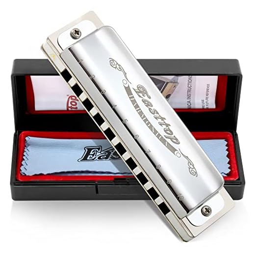 East top Harmonica, Diatonic Blues Harmonica Key of C, 10 Holes Diatonic Blues Mouth Organ T008, Silver Harmonica For Adults, Professional Player and Students