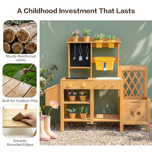 Image of Wooden Mud Kitchen for Kids with Running Water Sink, Outdoor Play Kitchen
