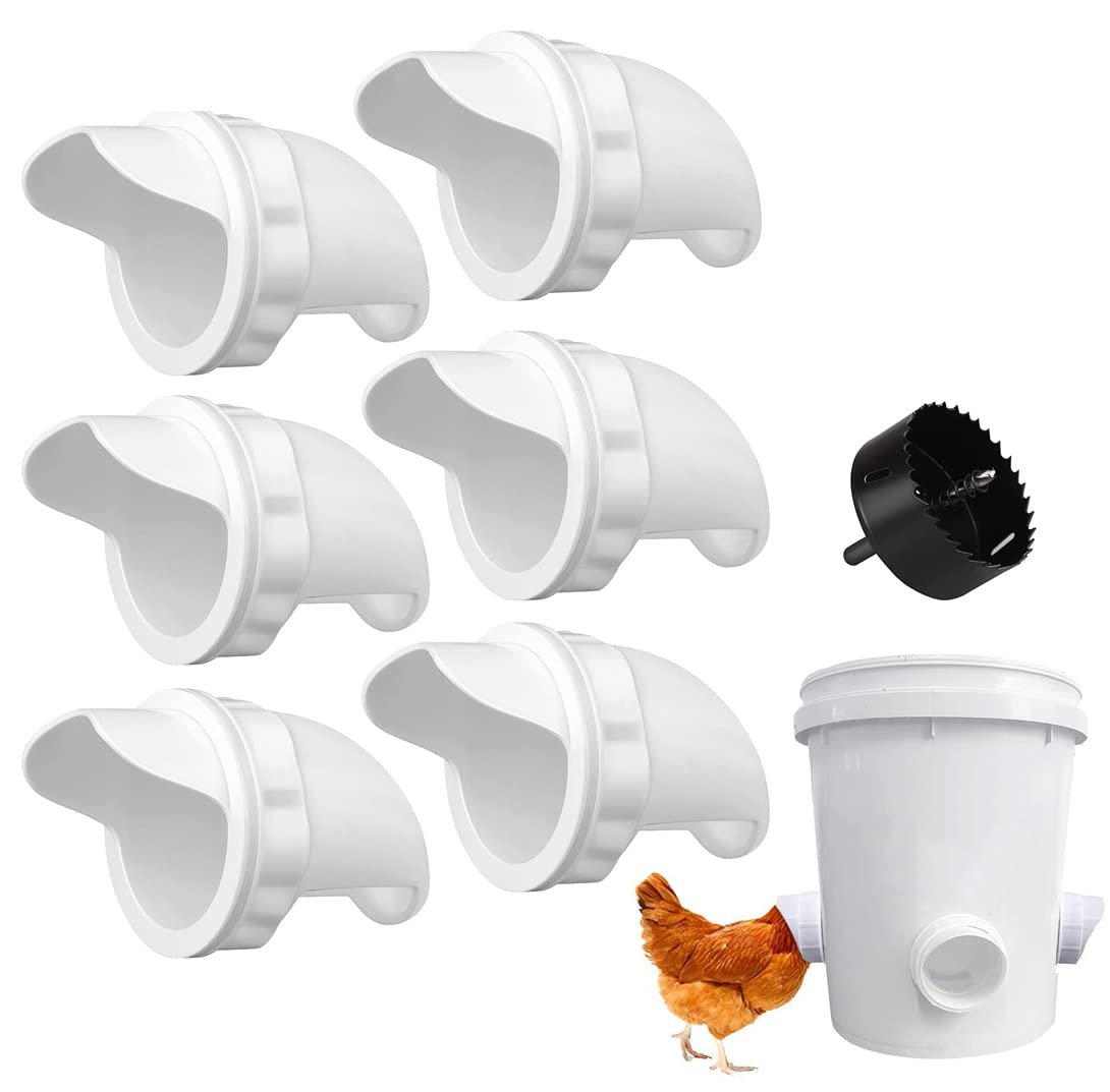 Rainproof Poultry Feeder Port DIY Poultry Pro Feeding Kit Special Tools for Breeding Chickens Ducks .for Buckets/Barrels/Bins/Troughs (4/6 Port with Hole Saw) (6)