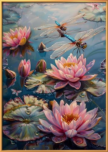 Image of Leczany Cross Stitch Patterns Stamped Kit for Beginners | Embroidery Supplies DIY Craft Kit Needlepoint for Adults Starter | 11CT, 3 Strands | Lotus Pond Dragonfly 15.8x22.4 inches