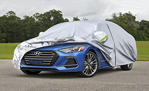 Image of Kaugung 6 Layers Car Cover Waterproof All Weather, Custom Fit Hyundai Elantra Sedan (2000-2025), Resistant Outdoor Indoor Sun Rain Dust Snow Protection. Silver