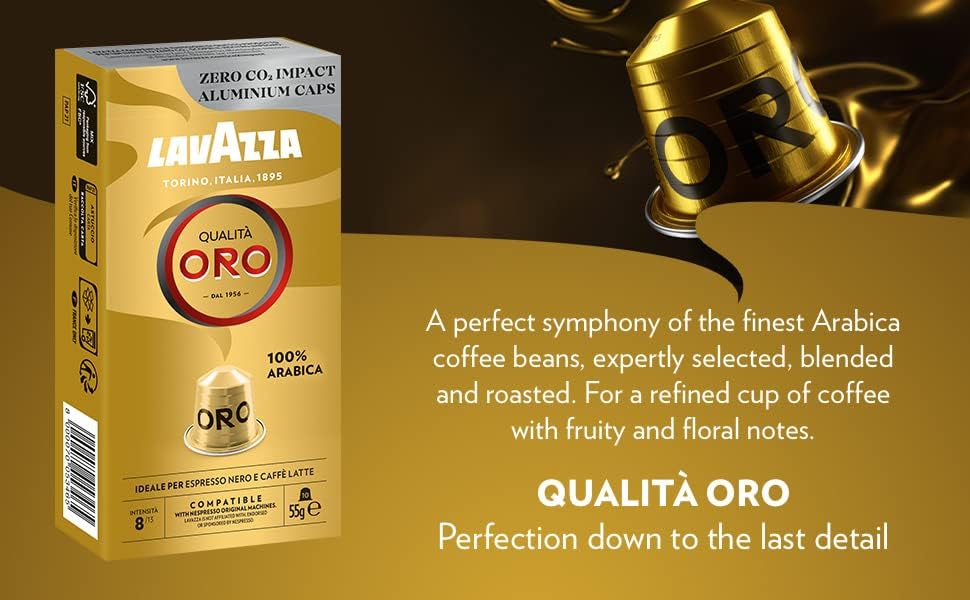 Image of Lavazza Qualit Oro, Nespresso Compatible Aluminium Capsules, Zero Co2 Impact, 2 Pack Of 10 Capsules, 55 Gram