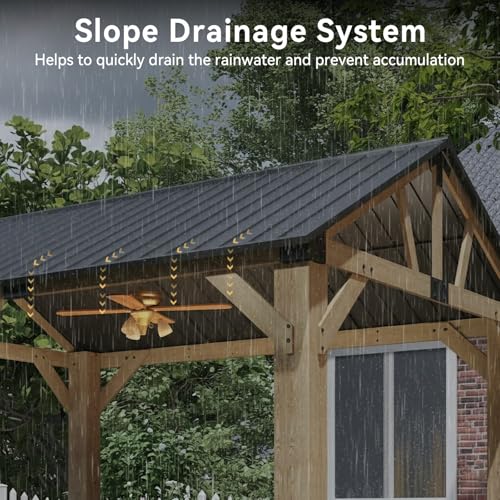 Image of Aoxun 10' x 12' Outdoor Wood Gazebo, Hardtop Gazebo Permanent Wooden Pavilion with Gable Galvanized Steel Roof for Patio, Garden, Backyard, Natural