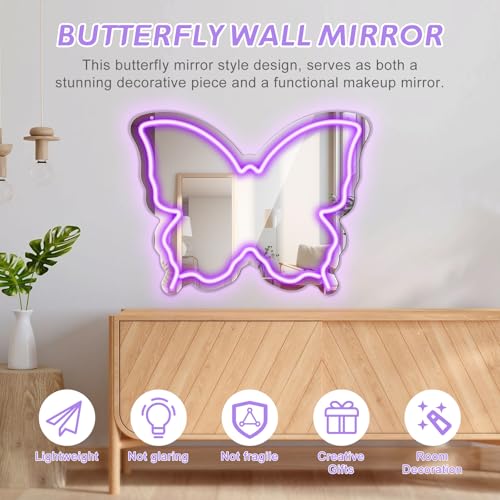 Image of Butterfly Neon Sign Mirror, LED Neon Signs for Wall Decor, 15.7'' x 12'' Dimmable Neon Light for Teen Girls & Kids Birthday Party Gift, Neon Sign for Bedroom Decor, Wall Mirror, USB Powered (Purple)