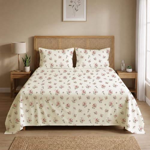 Image of HOMEMONDE King Size Bedsheet | Cotton Flat Sheet with Two Pillow Cover | 186 TC |Floral Design| All-Season Soft Bedsheet for King Bed (108 x 108 Inch /274 x 274 cm, Blush Garden)
