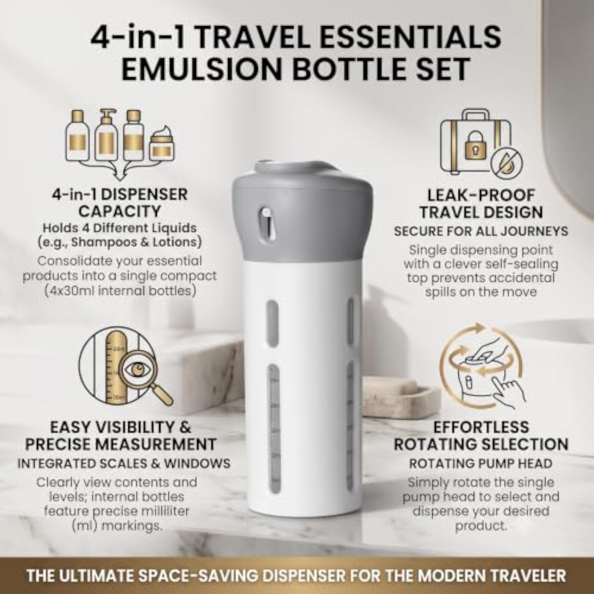 Travel Dispenser Bottle Set, 4-in-1 Design