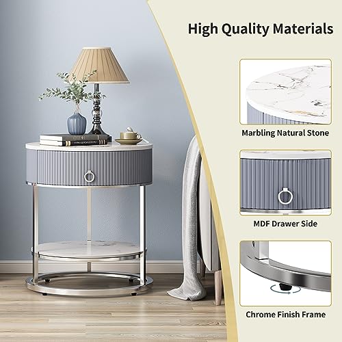 Oiog Modern End Table With Drawer, 2 Tier Side Table With Shelf, Round Nightstand With Sintered Stone Tabletop And Chrome Legs For Living Room thumb #3