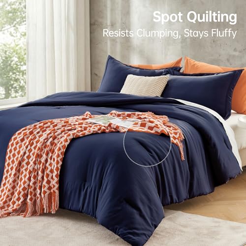 Image of MUXHOMO Oversized King Comforter Sets, All Season Ultra Soft Down Alternative Bedding - 3 Piece Lightweight Bed Set Includes 1 Comforter (120 inchx98 inch) and 2 Pillow Shams (20 inchx36 inch), Navy Blue