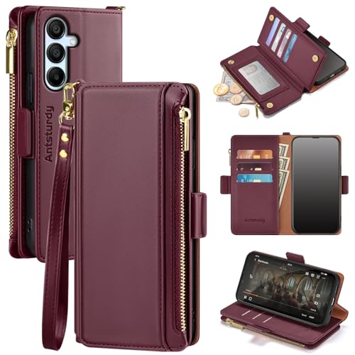 Antsturdy for Samsung Galaxy A15 5G Wallet case with Card Holder for Women Men,Samsung Galaxy A15 5G Phone case RFID Blocking PU Leather Flip Cover with Strap Zipper Credit Card Slots,Wine Red