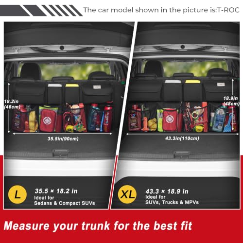 Image of SURDOCA Mesh Car Inside Trunk Organizer, 3Rd Gen [7 Times Upgrade] Super Capacity Car Hanging Organizer, Equipped With 4 Magic Stick, Car Trunk Tidy Storage Bag With Lids, Space Saving Expert, Black