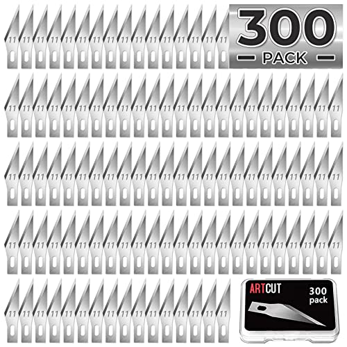 Artcut 300 Lames de Couteau de Loisirs, #11 Lame Scalpel en Acier à Haute Teneur en Carbone, Cutter De Précision Lame Couper des Autocollants, des Fruits, du Cuir, du Modélisme, Lame avec Boîte