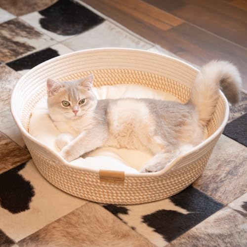 CheerPals Katzenbett mit Kissen, 47cm Waschbar Katzenkorb aus Baumwollseilen geflochten, zum Schlafen für Alle Katze, All Season Universal