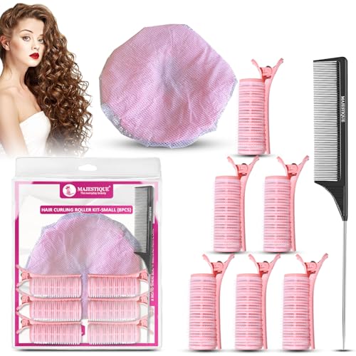 Image of Majestique Hair Curler Roller Kit with Reusable Shower Head Cap - Hair Roller Curler for Volume & Styling | Velcro Hair Rollers with Tail Comb & Clips | Heatless Hair Curler Set for Women | Hair Styling Tools 8Pcs Multicolour (Multicolor, Small)