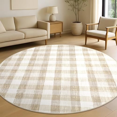 Image of Checkered Area Rug, 5 Ft, Round, Beige | Washable, Non Slip, Modern Neutral, For Living Room Bedroom Office Patio Dining Room
