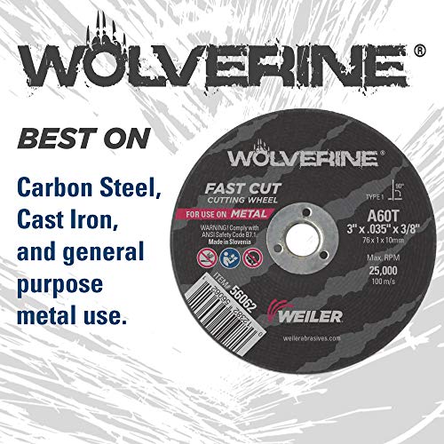 Image of Weiler 56062 3-Inch Cutting Wheel, Wolverine AO Steel /Metal Fast Cut, Value Cutting, 0.035 inch A60T Type 1 3 /8 inch Arbor (Pack of 100)